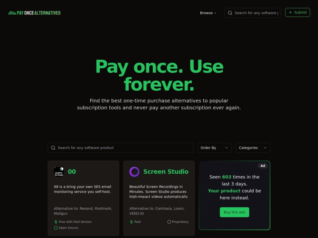 The payoncealternatives.com website
