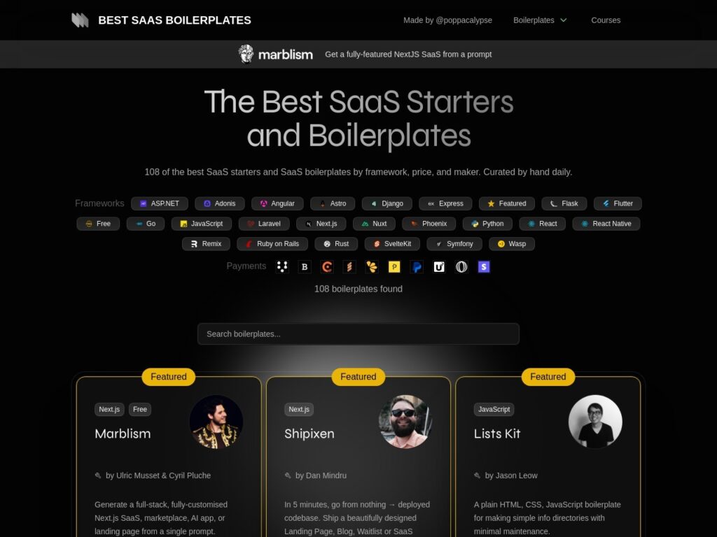 The saasboilerplates.dev website