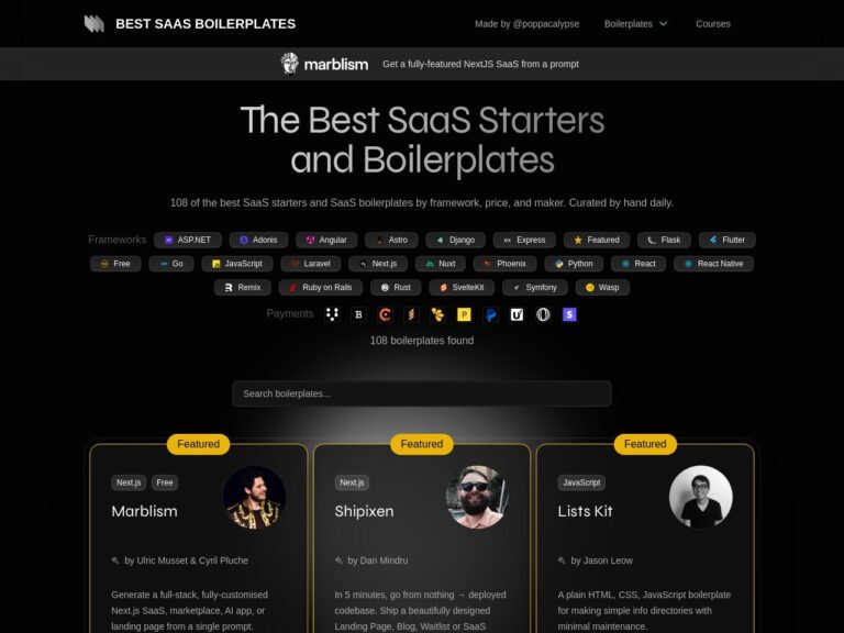 SaaS Boilerplates Directory Screenshot