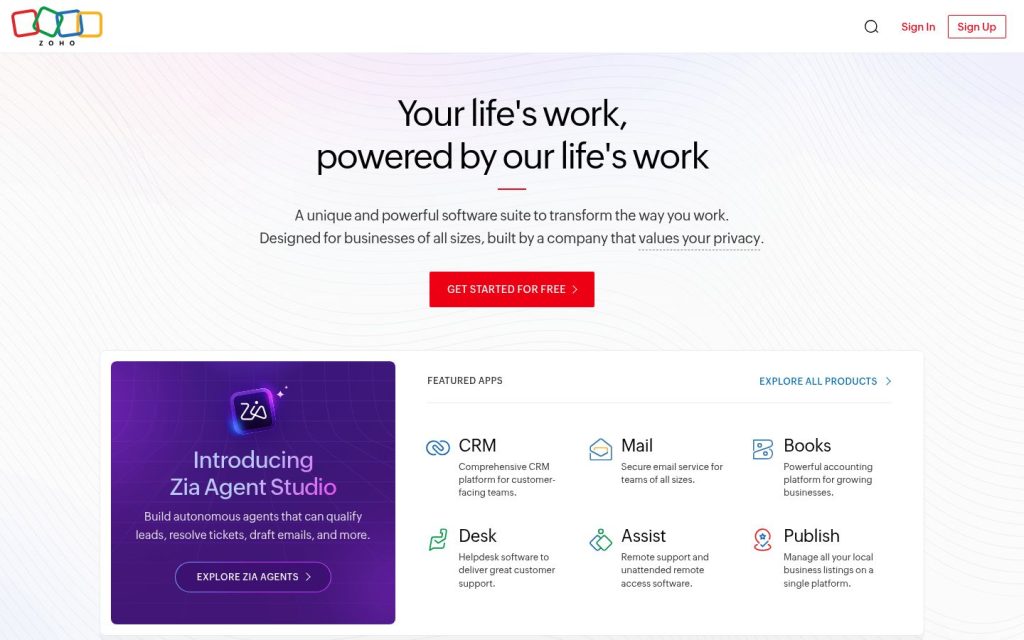 The zoho.com website